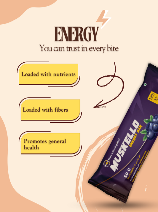 Muskello Energy Bar (Multigrain Protein Bar with Ashwagandha, Isoflavones Extracts, and Vitamins, Blueberry Flavour)