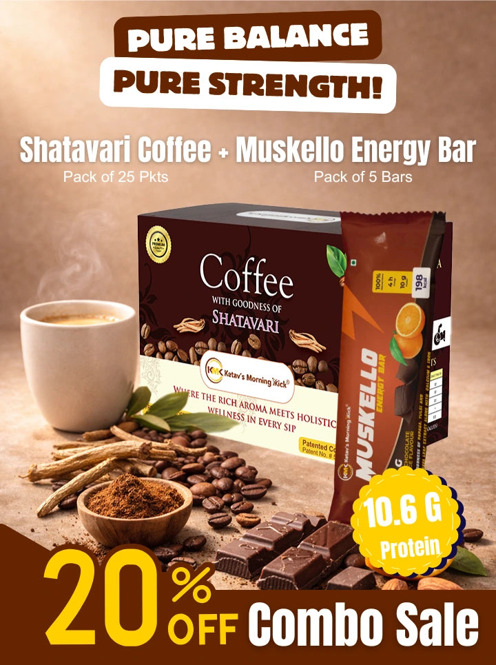 Ketav's Morning Kick Shatavari Coffee and Muskello Energy Bar combo sale - 20% off, 'Pure Balance Pure Strength', coffee box with coffee beans and cup, 10.6g protein