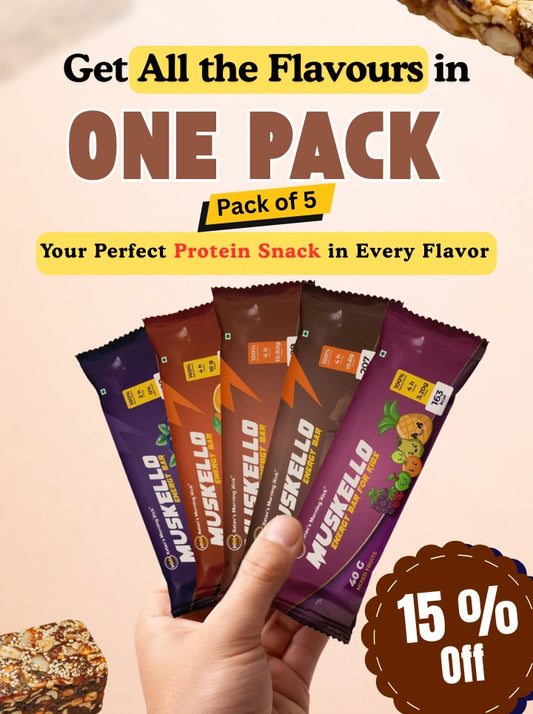 Ketav's Morning Kick Muskello Energy Bar Pack of 5 - 'Get All the Flavours in One Pack' promo with hand holding assorted protein bars, 15% off offer