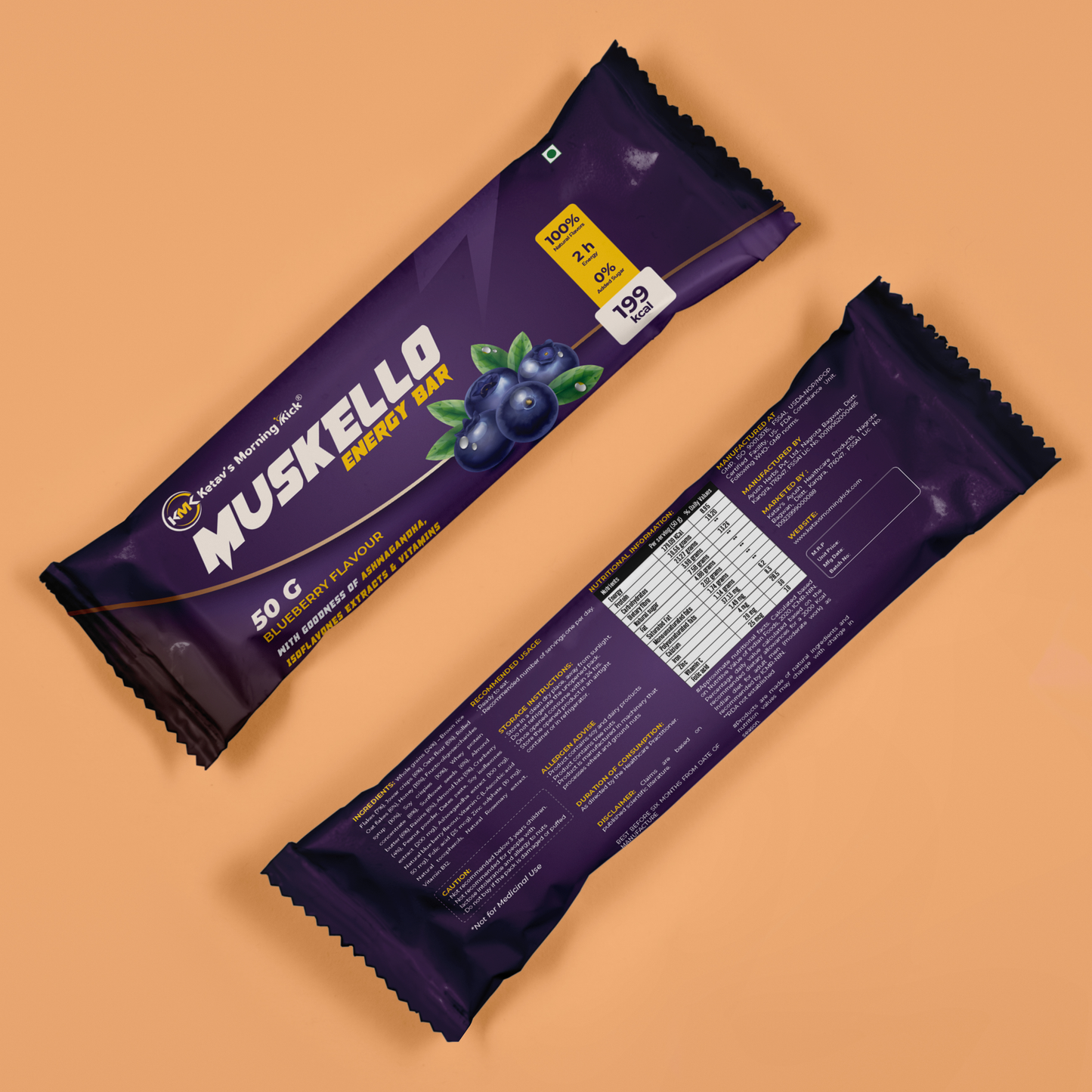 Muskello Energy Bar Multigrain Protein Bar with Ashwagandha, isoflavones extracts and vitamins Blueberry flavour