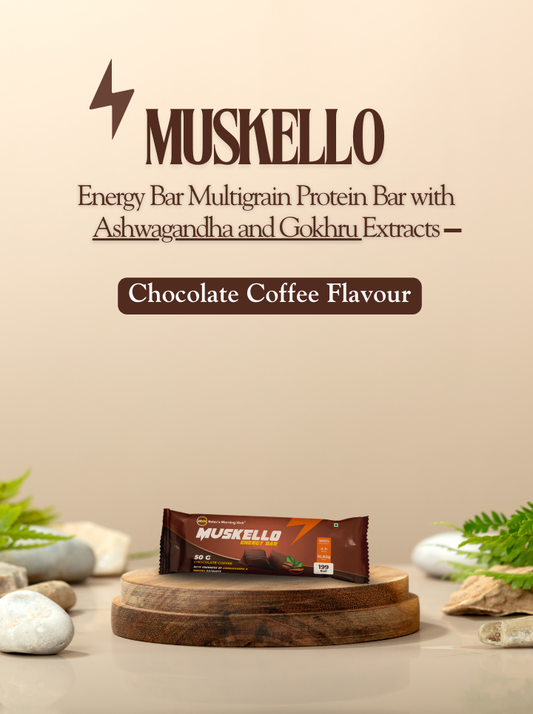Muskello Energy Bar, Multigrain Protein Bar (with Ashwagandha and Gokhru extracts) – Chocolate Coffee Flavour