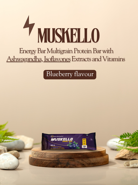 Muskello Energy Bar (Multigrain Protein Bar with Ashwagandha, Isoflavones Extracts, and Vitamins, Blueberry Flavour)
