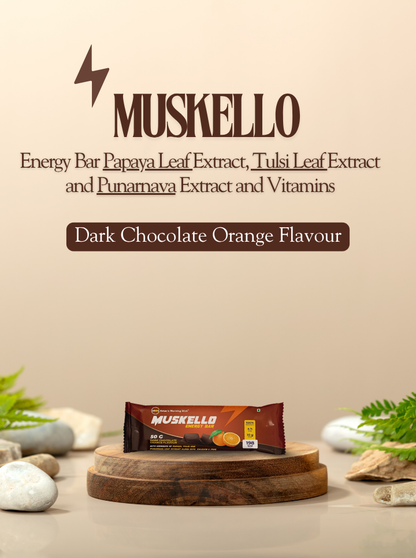 Muskello Energy Bar (Papaya leaf extract, Tulsi leaf extract, Punarnava extract, and vitamins) – Dark Chocolate Orange flavour