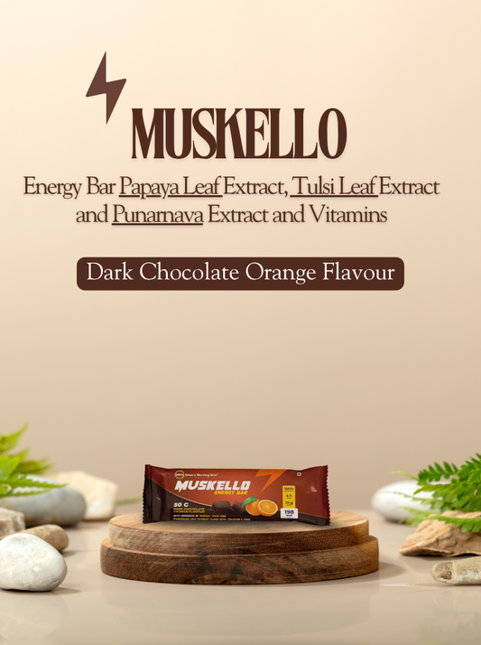 Muskello Energy Bar (Papaya leaf extract, Tulsi leaf extract, Punarnava extract, and vitamins) – Dark Chocolate Orange flavour