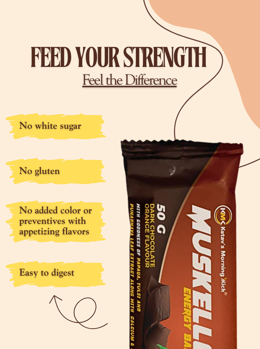 Muskello Energy Bar (Papaya leaf extract, Tulsi leaf extract, Punarnava extract, and vitamins) – Dark Chocolate Orange flavour