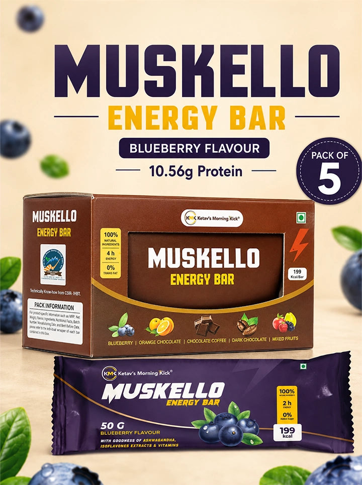 Ketav's Morning Kick Muskello Energy Bar Blueberry Flavour - 10.56g protein, pack of 5 box with wrapped bar