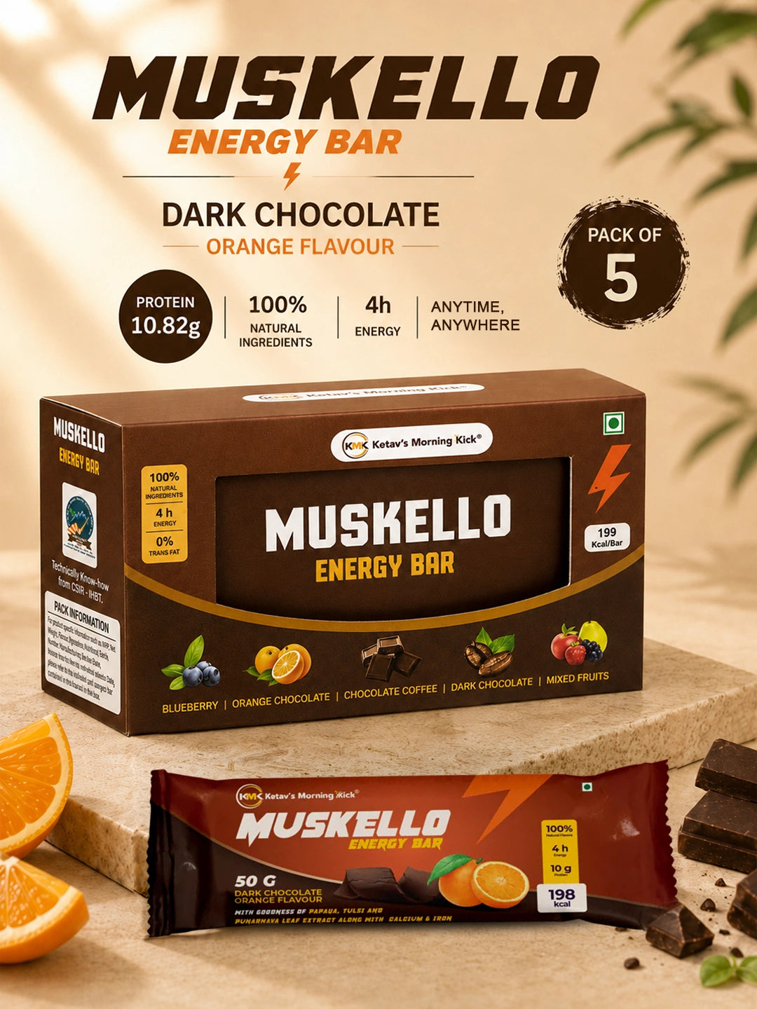 Ketav's Morning Kick Muskello Energy Bar Dark Chocolate Orange Flavour - 10.82g protein, pack of 5 box with wrapped bar