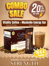 Ketav's Morning Kick Vitality Coffee and Muskello Energy Bar combo sale - 20% off, coffee box with sachets, iced coffee glass and energy bar, 10.6g protein
