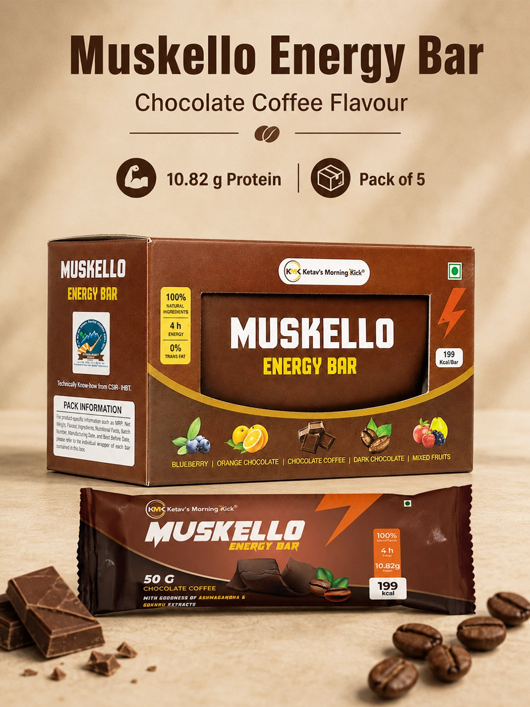 Ketav's Morning Kick Muskello Energy Bar Chocolate Coffee Flavour - 10.82g protein, pack of 5 box with wrapped bar