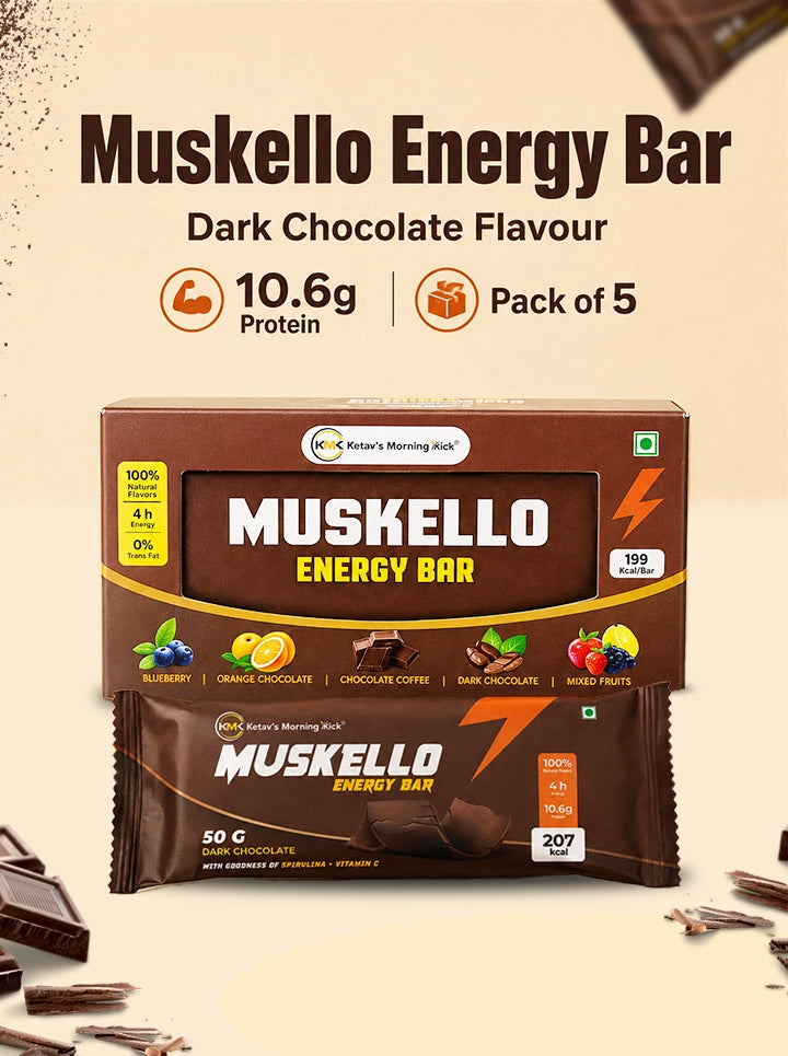 Ketav's Morning Kick Muskello Energy Bar Dark Chocolate Flavour - 10.6g protein, pack of 5 box with wrapped bars