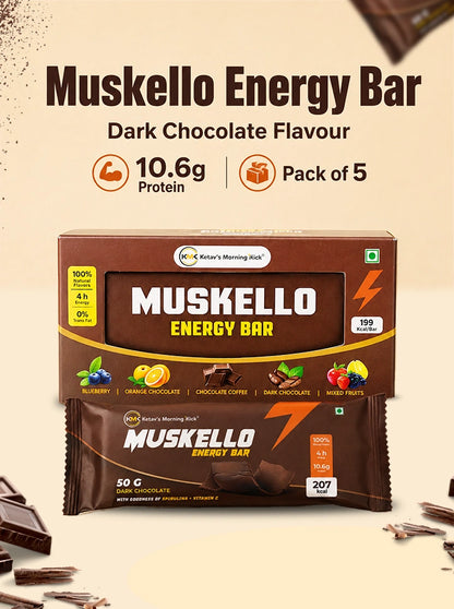 Ketav's Morning Kick Muskello Energy Bar Dark Chocolate Flavour - 10.6g protein, pack of 5 box with wrapped bars