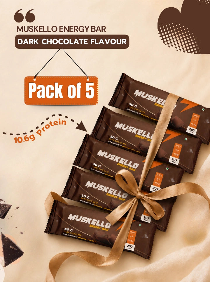 Ketav's Morning Kick Muskello Dark Chocolate Energy Bar - pack of 5, 10.6g protein bars tied with ribbon