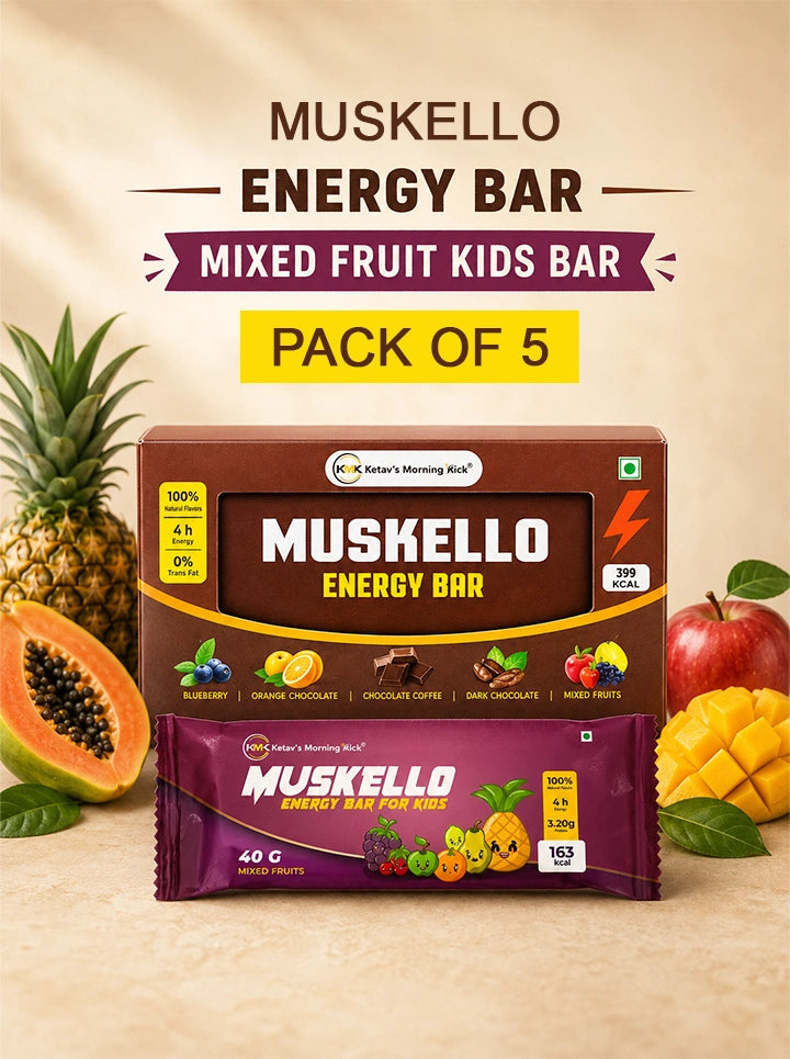 Ketav's Morning Kick Muskello Mixed Fruit Kids Energy Bar - pack of 5 box with pineapple, papaya, mango and apple flavours